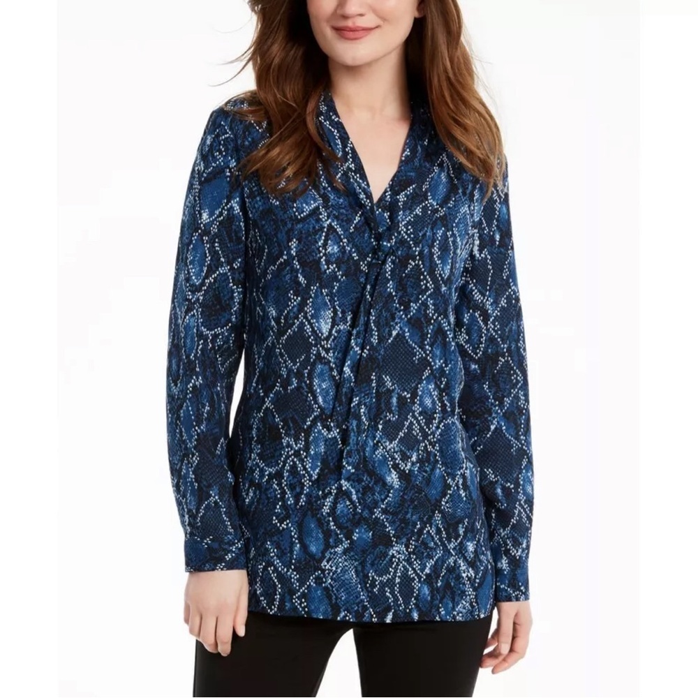 Nine West Women's Blue Snake Print Tie Neck Tunic Blouse Shirt Top M